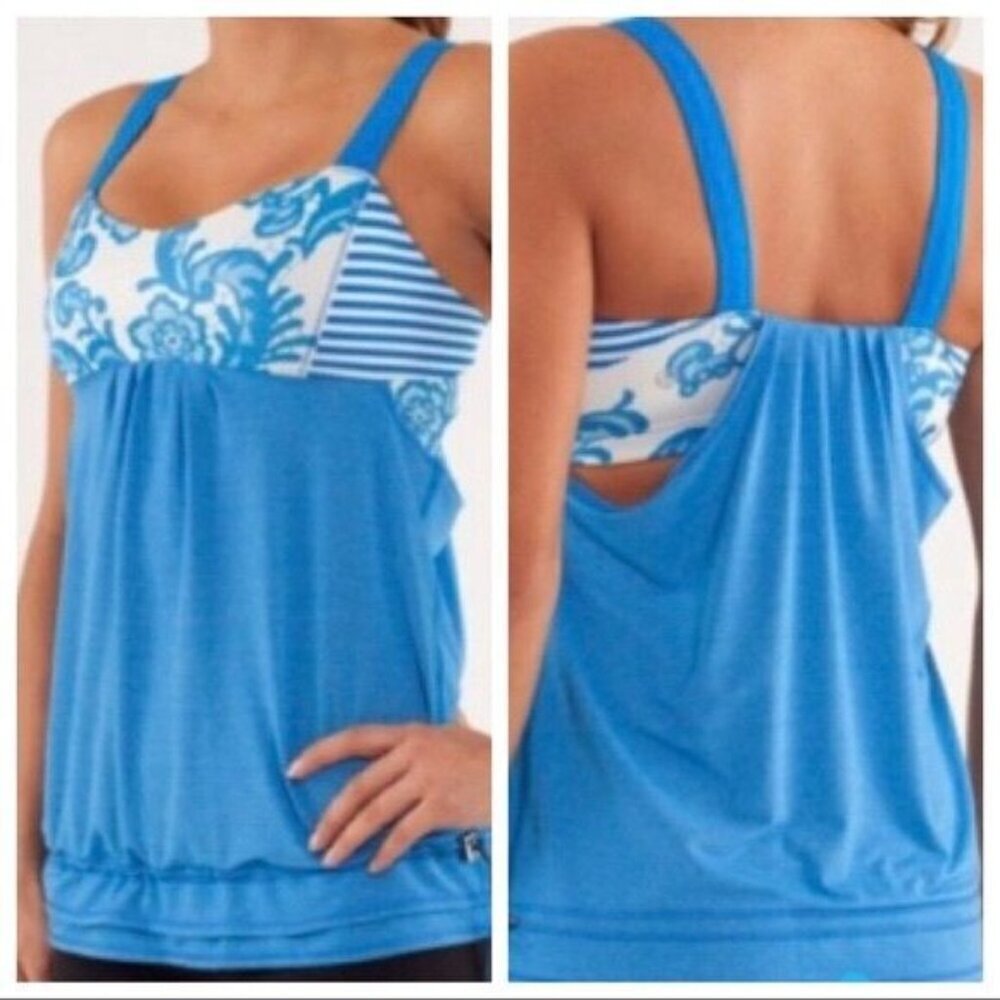 Lululemon Athletica Blue Floral Run Times Workout Tank Top